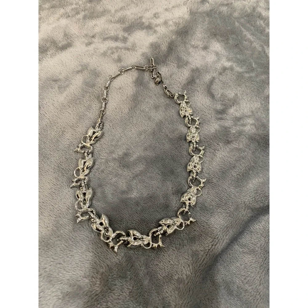 Vintage Signed Coro Blue Aurora Borealis Crystal Silver Tone Leaf Necklace